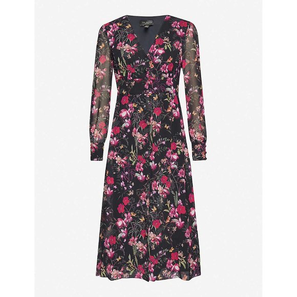 TED BAKER ADRIELA Fern Forest Deep V MIDI Dress - Picture 5 of 8